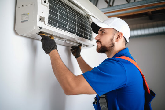 HVAC technician installing a mini split air conditioner in Pueblo