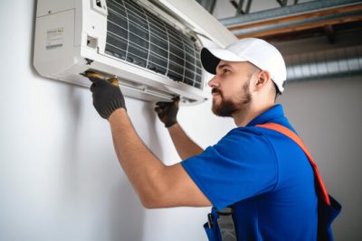 Air conditioning technician servicing a wall-mounted AC unit in Pueblo, CO
