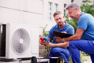 HVAC technicians reviewing an outdoor air conditioning unit in Pueblo, CO
